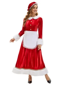 Christmas Red Velvet Women’s Long sleeved Dress Cosplay Party Stage Performance TV Movie Costume