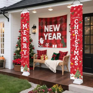 Christmas Red-themed Decorative Door Banner Couplets PVC Hanging Rod Long Rectangle 30*180cm Polyester Fabric Customization 2pc