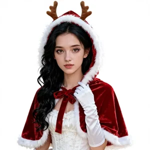 Christmas Reindeer Antler Trim Short Women’s Cloak Red Velvet Lolita Shawl for TV & Movie Costumes