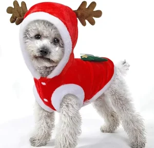 Christmas Reindeer Dog Costume Red White Festive Polyester Spring Pet Clothes with Antlers Holiday Cosplay Apparel