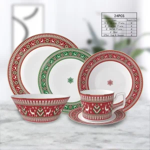 Christmas Reindeer Snowflake Gold Rim Bone China Dinnerware Xmas Red Green Porcelain Tableware Set for Holiday Gift