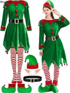 Christmas Santa Claus Costume Cute Green Elf Cosplay Dress Adult Women Carnival Party Halloween Stage Fancy Dress Costume Set