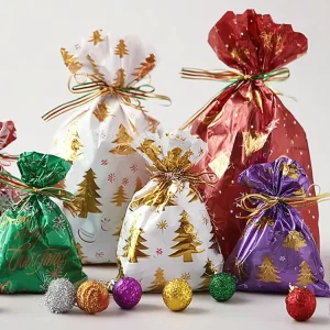 Christmas Santa Gift Wrapping Shrink Bag with Gravure Printing Moisture Proof Ribbon Ties & Tags for Holiday Treats