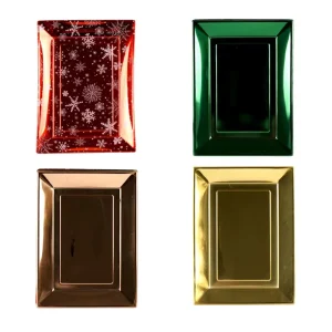 Christmas Snowflake Printed Metallic Plastic Disposable Eco-friendly Rectangular Party Dessert Serving Plates Set Festive Table