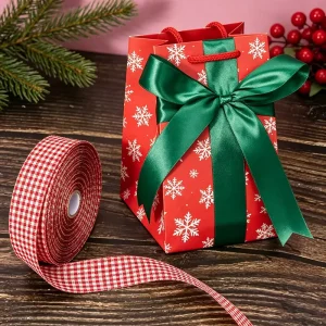 Christmas Snowflake Printed Paper Gift Bag With Rope Handle & Big Green Satin Bow Holiday Present Shopping Packaging Bag