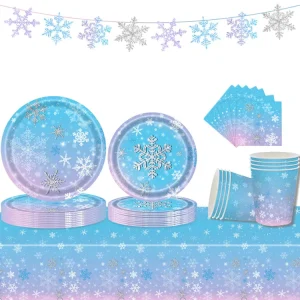 Christmas Snowflake Theme Disposable Paper Tableware Set for Kids’ Birthday Parties Cups Tablecloth Napkins Decoration Supplies