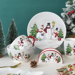 Christmas Snowman Ceramic Dinnerware Set Festive Holiday Tableware with Plates Mugs Teapot Canisters