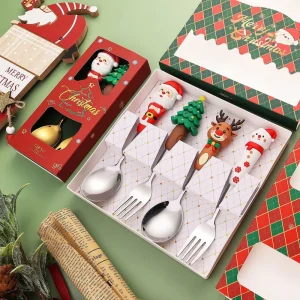 Christmas Spoon Creative Tableware Doll Dessert Spoon Fork Cartoon Christmas Tree Spoon Fork Gift Box Set