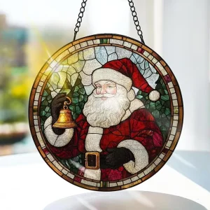 Christmas Stained Glass Suncatcher Window Hanging Santa Claus Indoor Window or Doorway Decoration 7.8 in