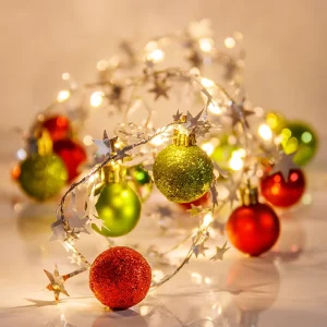Christmas String Lights Warm White LED Copper Wire Star Fairy Lights with Ball Ornaments for Holiday Home Party Decor