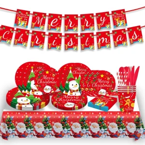 Christmas Tableware Set Disposable Party Festive Paper Plates Cups Napkins Banner Tablecloth Tableware Set