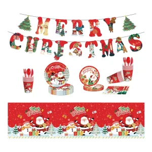 Christmas Theme Disposable Paper Tableware Kit for Birthday Parties 80-100 Pcs Supplies & Decorations