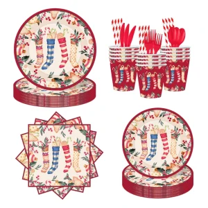 Christmas Theme Disposable Party Tableware Set Christmas Socks Paper Plates and Cups Napkins for Happy Xmas Party Decorations