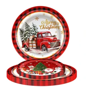 Christmas Theme Disposable Red Green Plaid Paper Plates Party Dinnerware Set Holiday Tableware Decoration Supplies Unit Tool