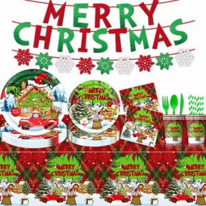 Christmas Theme Disposable Tableware Set Eco friendly Modern Paper Plate Cup Napkin Tablecloth for Christmas Party