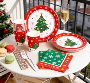 Christmas Theme Disposable Tableware Set Holiday Party Decor Colorful Party Decoration Supplies Paper Plates Cups Napkins Party