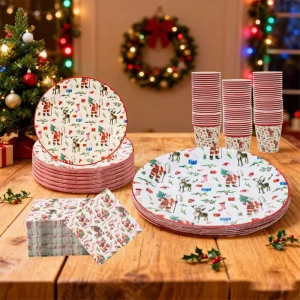 Christmas Theme Party Disposable Paper Plates Cups Tableware Set for Festival Gathering Decor