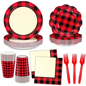 Christmas Theme Red-black Check Disposable Dinnerware Set Party Decoration Thick Paper Plate Napkin Cup Tableware Party Supplies