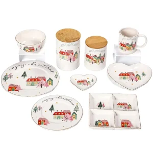 Christmas Themed Ceramic Dinnerware Set Including Plates Bowls Mugs and Canisters With Festive Village Design
