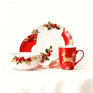 Christmas Themed Ceramic Dinnerware Set With Tree Bell Snowflake Patterns Festive Tableware for Holiday Dining and Decoration