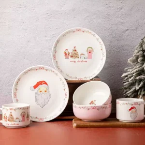 Christmas Themed Ceramic Stoneware Dinnerware Sets Crackle Glaze Cup Kit Portable Reusable 2 Person Dishwasher