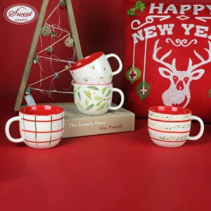 Christmas Themed Ceramic Tableware Set Red Green Plaid Pine Leaf Porcelain Plates Bowls Festive Holiday Coffee Mugs