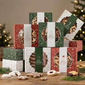 Christmas Themed Customizable Paper Gift Box with Clear Window Embossing Recycled Materials for Assorted Holiday Treats