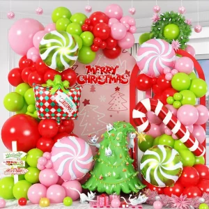 Christmas Themed Decoration Balloon Arch Kit New Year Party Candy Gift Cane Foil Green Red pink Gold White Colored Latex Thick