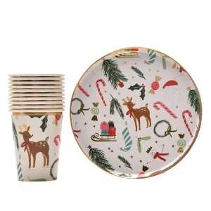 Christmas Themed Disposable Paper Tray and Paper Cup Tableware Set