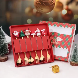 Christmas Themed Stainless Steel Gold Spoon and Fork Gift Box Coffee Stir Teaspoon Spoon and Fork Set