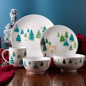 Christmas Tree Ceramic Dinnerware Set Festive Winter Forest Prints Dishwasher Safe Tableware for Xmas Parties & Home Decor