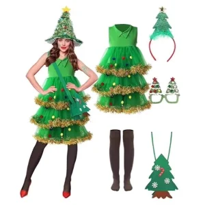 Christmas Tree Costume Set for Women Children Includes Polyester Dress Hat Bag Eyeglass Frame Holiday Cosplay Party