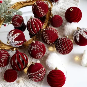 Christmas Tree Decoration Ball Set Dark Red Pearl Flocking Painted Eco Friendly PVC Plastic Ornaments Halloween Easter