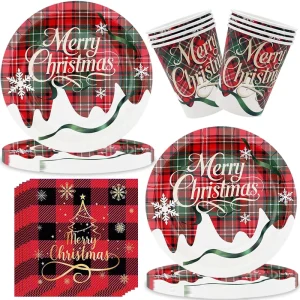 Christmas Tree Disposable Tableware Set Paper Plates Cups Napkins Cutlery 10 Person Party Supplies Holiday Decor