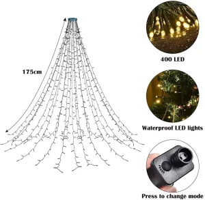 Christmas Tree Lights Ring Waterfall 8 Modes IP65 Waterproof 200LEDs 10m Top Light Indoor Outdoor Xmas Tree Fairy Lights