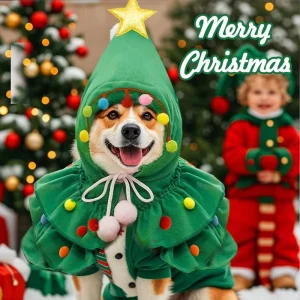 Christmas Tree Pet Costume Hooded Cape for Cats and Small Dogs Green Holiday Outfit with Gold Star Pom Pom Details