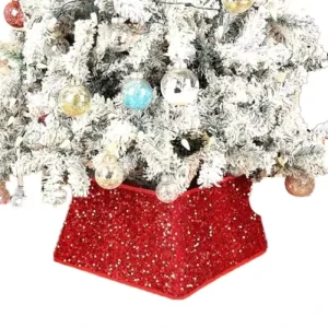 Christmas Tree Skirt with Red Beaded Sequin Tree Base Cover for Christmas Holiday Decoration
