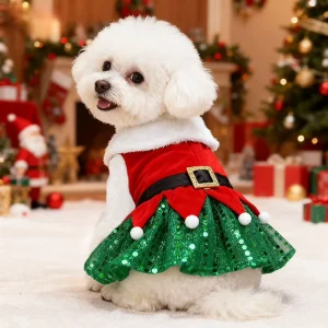 Christmas Velvet Fabric Santa Claus Costume for Dogs Winter Pet Clothes with Hairband Red Mesh Skirt Sequin Glitter