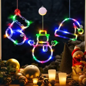 Christmas Window Lights Colourful Christmas Stockings Snowman Santa Hat LED Suction Cup Lights Christmas Decoration Lights