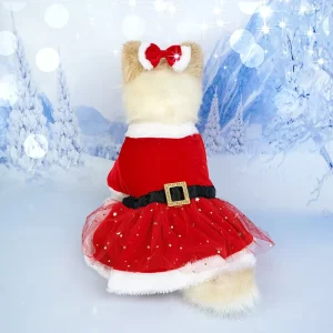 Christmas Winter Dog Dress with Velvet Bow Red Glitter Tulle Hem Skirt