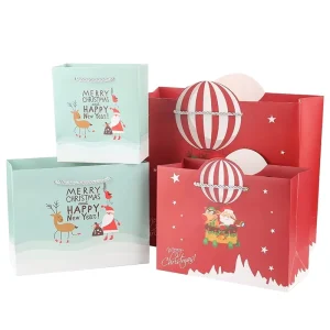 Classic Cartoon Santa Reindeer Christmas Gift Packaging Bags Offset Printing Recyclable White Card Custom Sizes Holiday Shopping