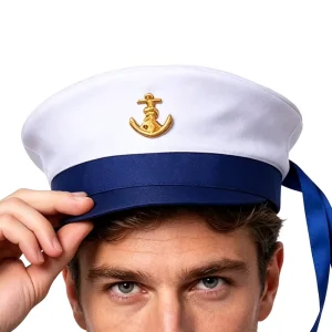 Classic Marine Navy Sailor Cap with Blue Ribbon Nautical Costume Hat for Halloween Yacht Party Festival Stage Performance