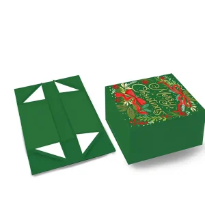 Collapsible Folding Paper Gift Boxes, Green Merry Christmas Hot Stamping Foldable Carton Boxes for Xmas Holiday Gift Packaging
