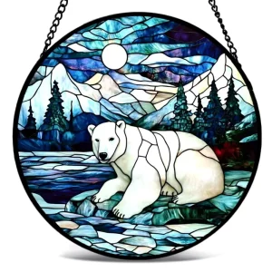 Colored Round Glass Pendant Polar Bear Window Sun Catcher for Home and Garden