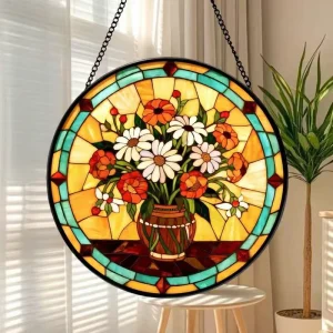 Colored Round Stained Glass Daisy Sign Home Window Garden Sun Catcher