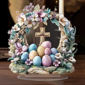 Colorful Acrylic Easter Egg and Bunny Desktop Ornament Set 2D Flat
