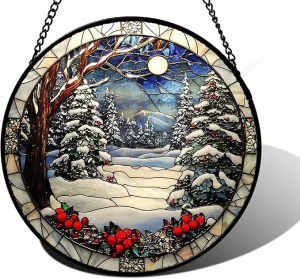 Colorful Acrylic Window Glass Hanging Winter Christmas Tree Round Stained Glass Sun Catcher Ornament Decoration