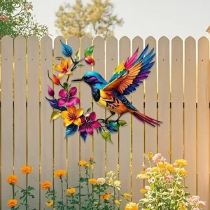 Colorful Art Deco Hummingbird Metal Wall Art Laser Cut Bird Flowers Indoor Outdoor Garden Fence Patio Home Decoration