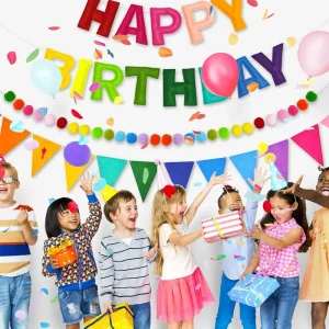 Colorful Birthday Party Decoration Happy Birthday Felt Banner Garland with Pom Pom Balls and Triangle Pennant Flags