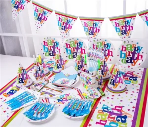 Colorful Birthday Party Tableware and Table Decorations Happy Birthday Decoration Cake Topper Happy Birthday Banner